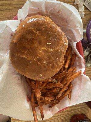 Pulled pork sandwich and sweet potato fries