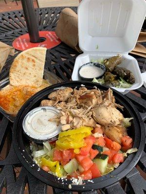 Stuffed Grape Leaves (Choice of Veggie or Meat), Baba Ghannouj, pita bread, and a delicious bowl! This was our pandemic picnic date!