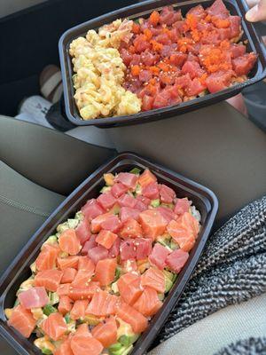 Top: spicy tuna bowl with shrimp tempura and masago Bottom: tuna and salmon bowl Both bowls already come with avocado