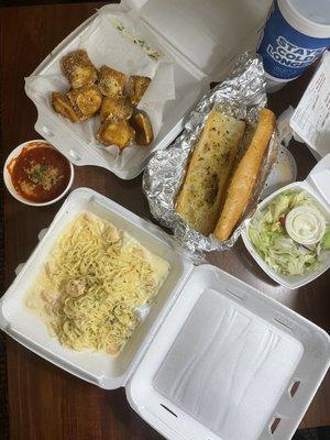 fried ravioli and shrimp scampi