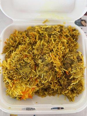 Chicken biryani, made outside and distributed here