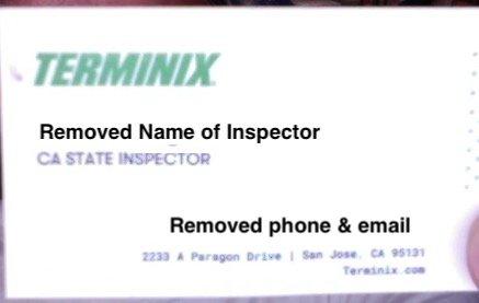 Inspector's business card with name, phone # and email address removed.