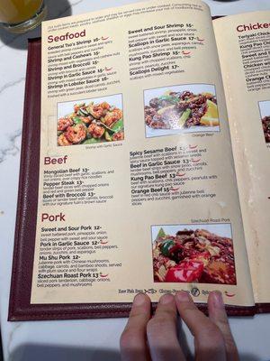 Seafood, beef, pork menu