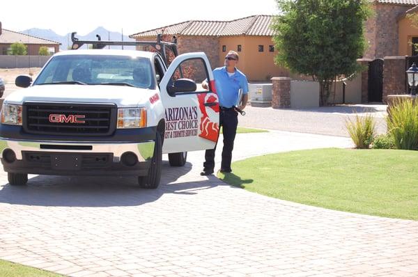 Jim arriving at customers house for annual termite inspection.