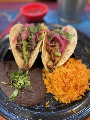 Chicken Tacos Carne Asada Taco (steak) Mexican Rice Refried Beans