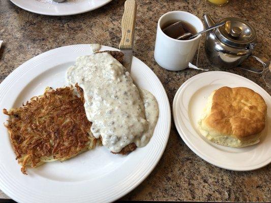 #5 Country Fried steak, hash browns, and a biscuit (Skipped the eggs and substituted tea for coffee.)