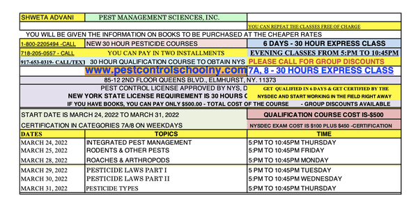 NEW EXPRESS 30 HOUR PESTICIDE COURSE STARTS ON MARCH 24 TO MARCH 31, 2022- GET QUALIFIED IN 6 DAYS.