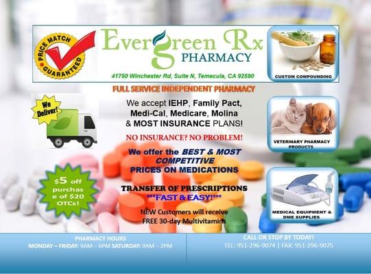 Come by our pharmacy and mention the flyer to receive our offer $5 off of $20 OTCs!