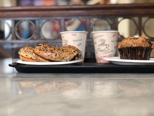 Bagel, blueberry muffin, coffees