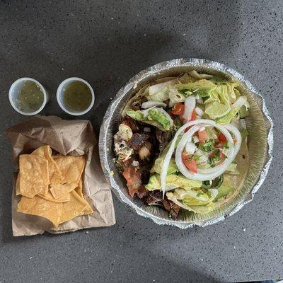 Taqueria y Fondo's unspectacular Alambre with Combination Meat, including chewy rubbery bacon, over apparently packaged tortillas