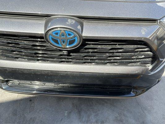 Front of vehicle has a plethora of dirt on upper lip and grill