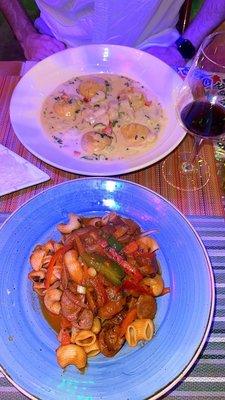 Penne Neapolitan and seafood ravioli