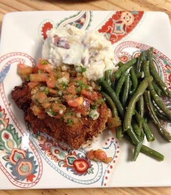 Jalapeno and cheese stuffed chicken, mashed potatoes and green beans!