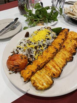 Chicken Soltani (flat barg & koobideh) delicious. The rice is even better: adas polo ( walnut, raisin, lentil, & dates mixed in)