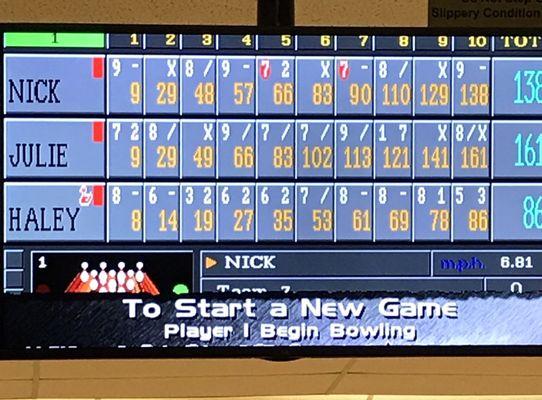 Yikes...40 pins below average...can't have Julie beat me in 3 game set...grrrr