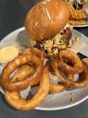 The Fatted Sow Burger with onion rings