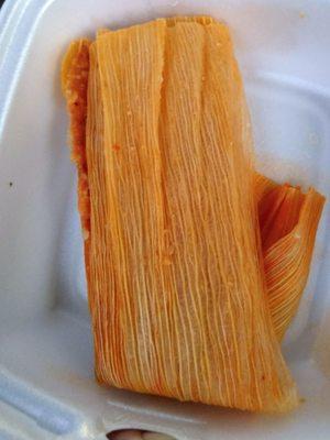 Pork tamale, authentic, in red sauce, with lots of pork. Good stuff.