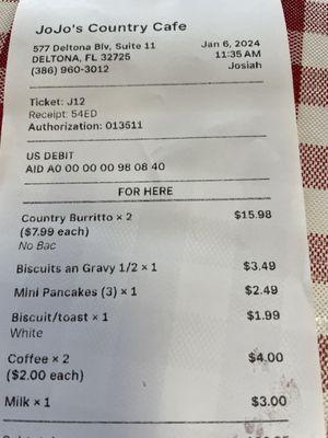 Our receipt with the prices.