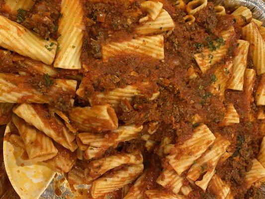 Delicious red, meat sauce pasta to satisfy any  Italian pasta craving.