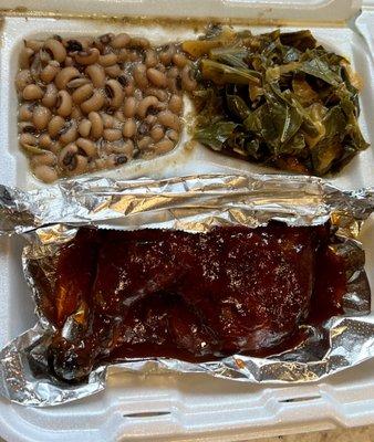 1/4 dark baked bbq chicken - collard greens and black-eyed peas