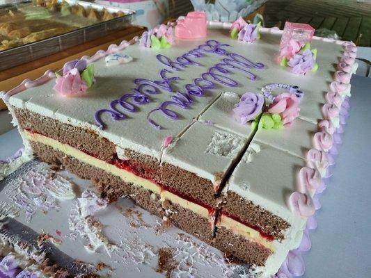 Swiss chocolate with Bavarian cream and raspberry preserves.  Shower guests raved about the cake!