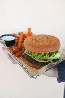 Black Bean Burger on gluten-free bun with Side of Sweet Potato Fries