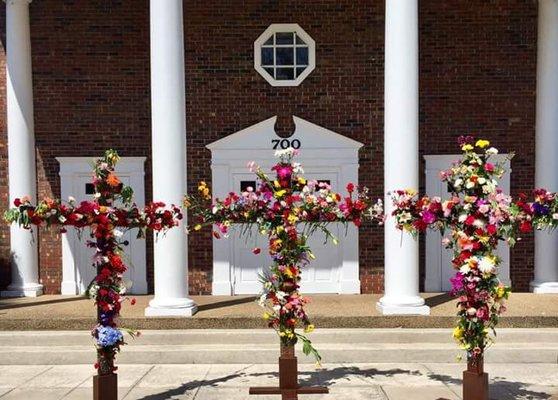 The flowering of the cross each Easter Sunday, we bring flowers to church to decorate the three crosses