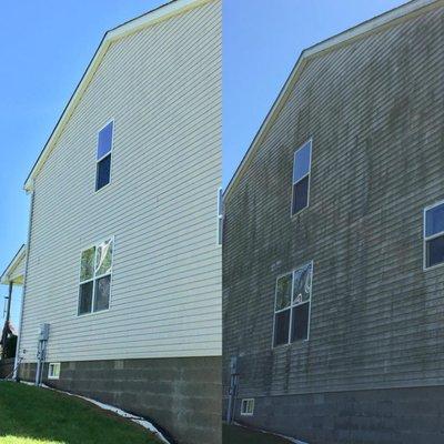 Look at that shine! If you have anything close to the photo on the right, call us for a quote on a house wash!