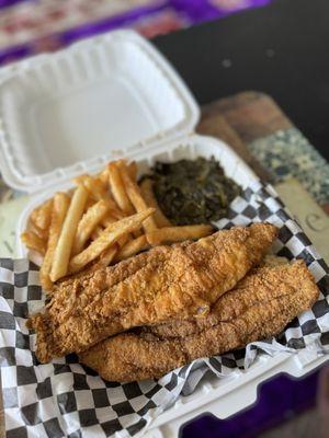 Catfish plate ,collard greens ,rice,French fries fries