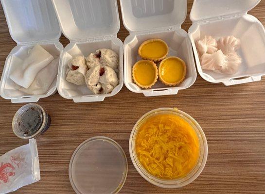 (L to R) 36.S. Shrimp Rice Roll, 19. BBQ Pork Buns, 38. Egg Custard Tarts, 16. Shrimp Dumplings, and Egg Drop Soup (small).