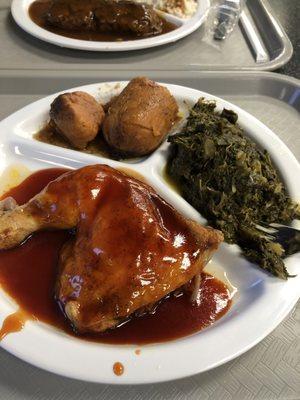 BBQ chicken. Collards. Yams  Hamburger Steak. Rice and Gravy and Collards