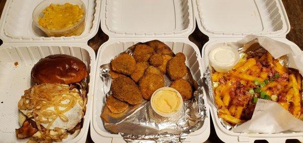 Aftermath burger, Mac and cheese, fried pickles, loaded fries.