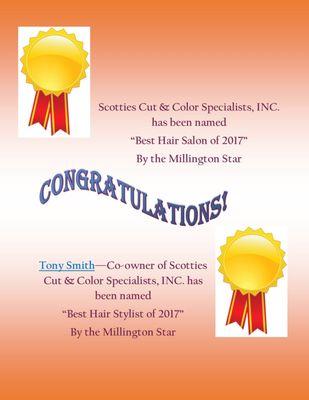 Scotties Cut & Color has been Named "Best Hair Salon of 2017" and Tony Smith - Co-owner 'Best Hairstylist of 2017" By the Millington Star!