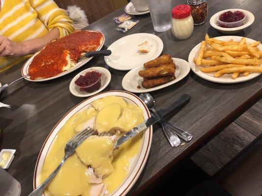 Open face turkey sandwich chicken parm fried zucchini