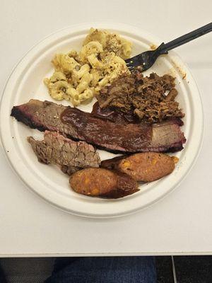 Brisket, chopped brisket, Mac and cheese, cheddar jalapeno sausage