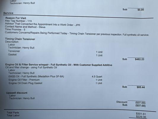 Timing chain tensioner replacement and full synthetic oil change January 2024.