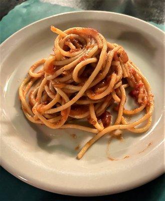 Free spaghetti with every meal. It, and the rest of the meal is GOOD and PLENTIFUL.