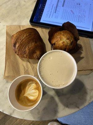 Cortado, Chai latte, raspberry muffin, plain croissant