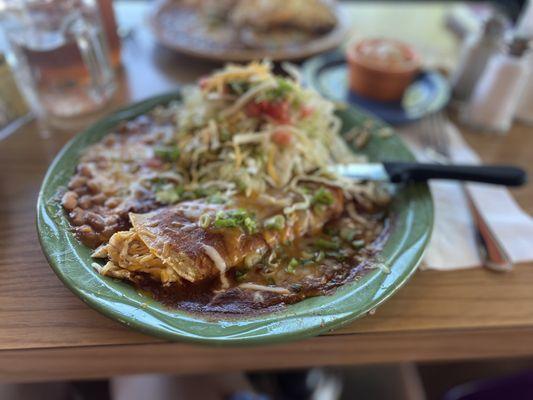 Trifecta (chicken enchilada, rice beans, tostada & posole)