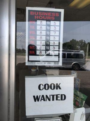 Hours, Cook wanted