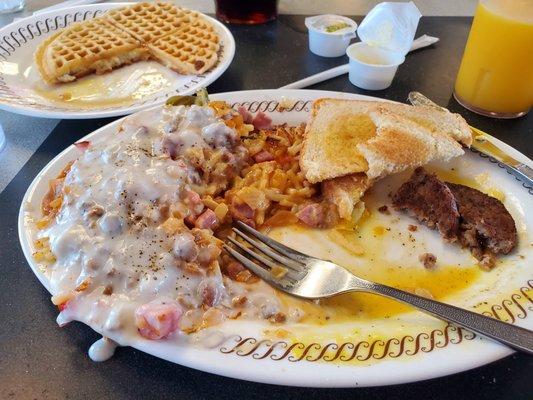 This is all I could eat.  The hash browns had everything but the kitchen sink on it.