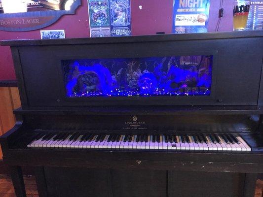 A fish tank in a piano.