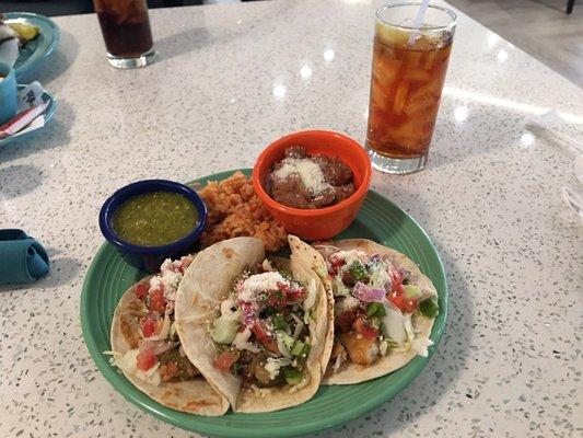 Three taco lunch: machaca, Chile verde, and fried fish! The Chile verde was the best of the three!