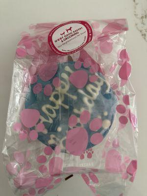 Birthday cake in a cute paw print bag.