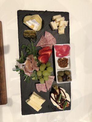 5 cheese cheese board with a single serving of the cured meats.  (Goat cheese on separate plate)