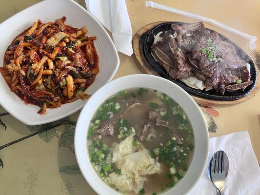 Stir fried Squid, la Galbi, and short rib soup