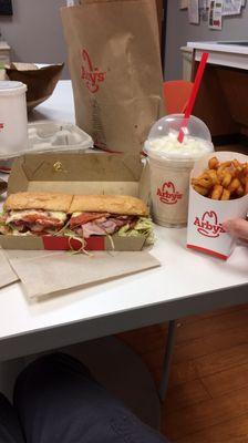 Italian sub, shake, and small curly fries