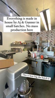 Small batch clean kitchen. Gunner was a food health inspector so he understands how to maintain a safe facility and handle raw food safely.