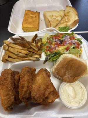 6 piece buffalo wings with salad & fries, cornbread & toast