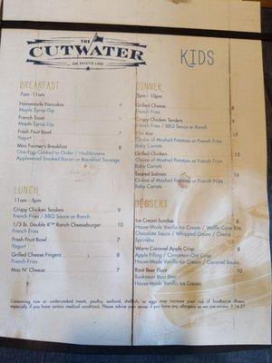 Kids menu